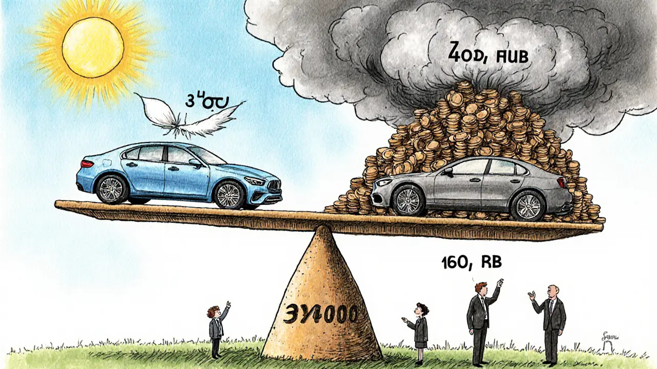 Весы сравнивают автомобиль мощностью 159 л.с. и 161 л.с. — одна сторона лёгкая, другая — под тоннами монет, дети смотрят в ужасе.