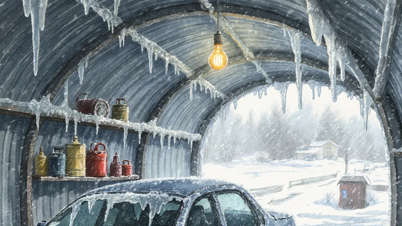 Внутри гаража-ракушки: конденсат стекает по стенам, на лобовом стекле иней, одна лампочка светит.