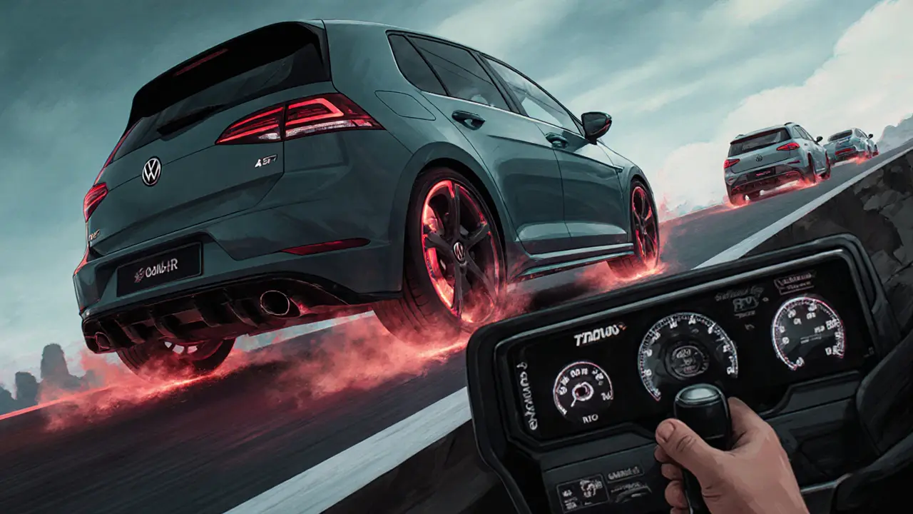 Volkswagen Golf R 2025 braking hard on a curve, glowing brakes and smoke, other cars behind.