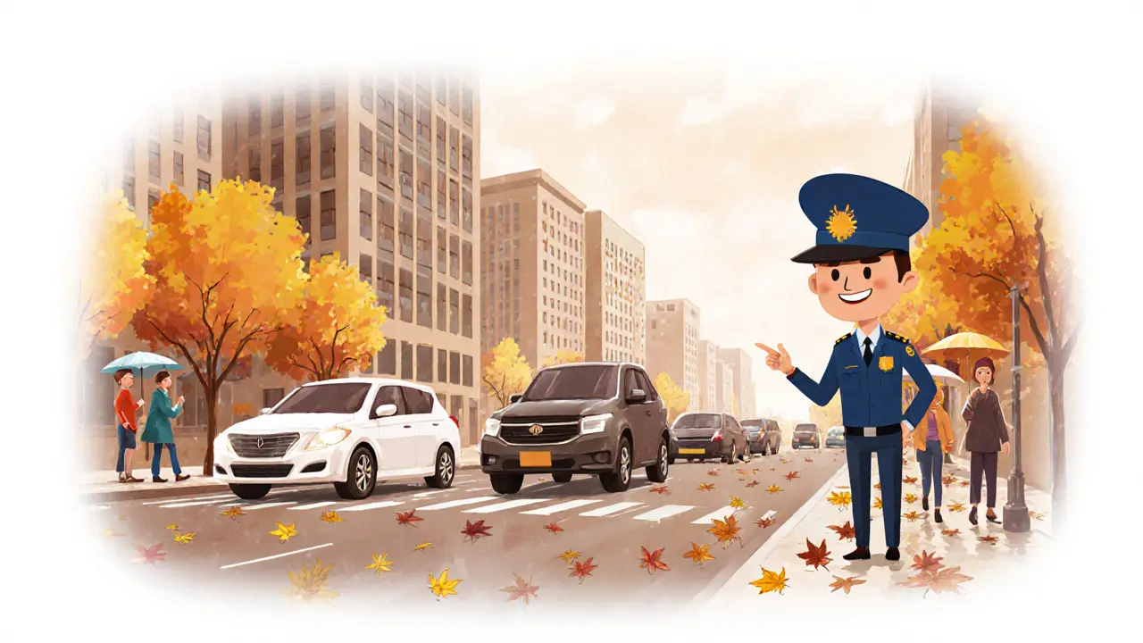 Две машины в городе, колеса впереди идущей видны над капотом — безопасная дистанция.