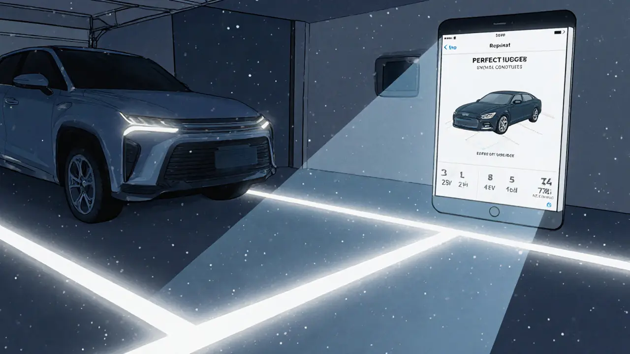 Гараж с подсвечивающимися LED-линиями и смартфоном, показывающим идеальную парковку, рядом — традиционная разметка.