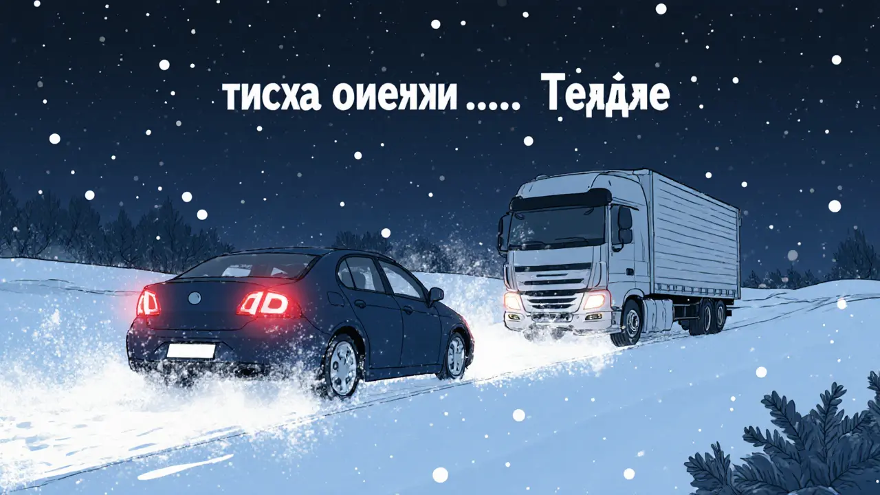 Машина на льду чуть не врезается в грузовик, виден удлиненный тормозной путь и счет секунд.