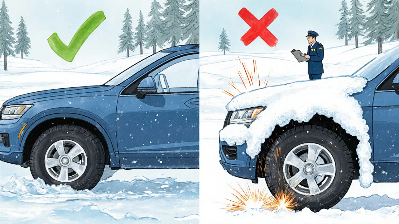 Машина на снегу: слева — правильные шины, справа — нештатные, цепляющие за арку, надпись о страховке.