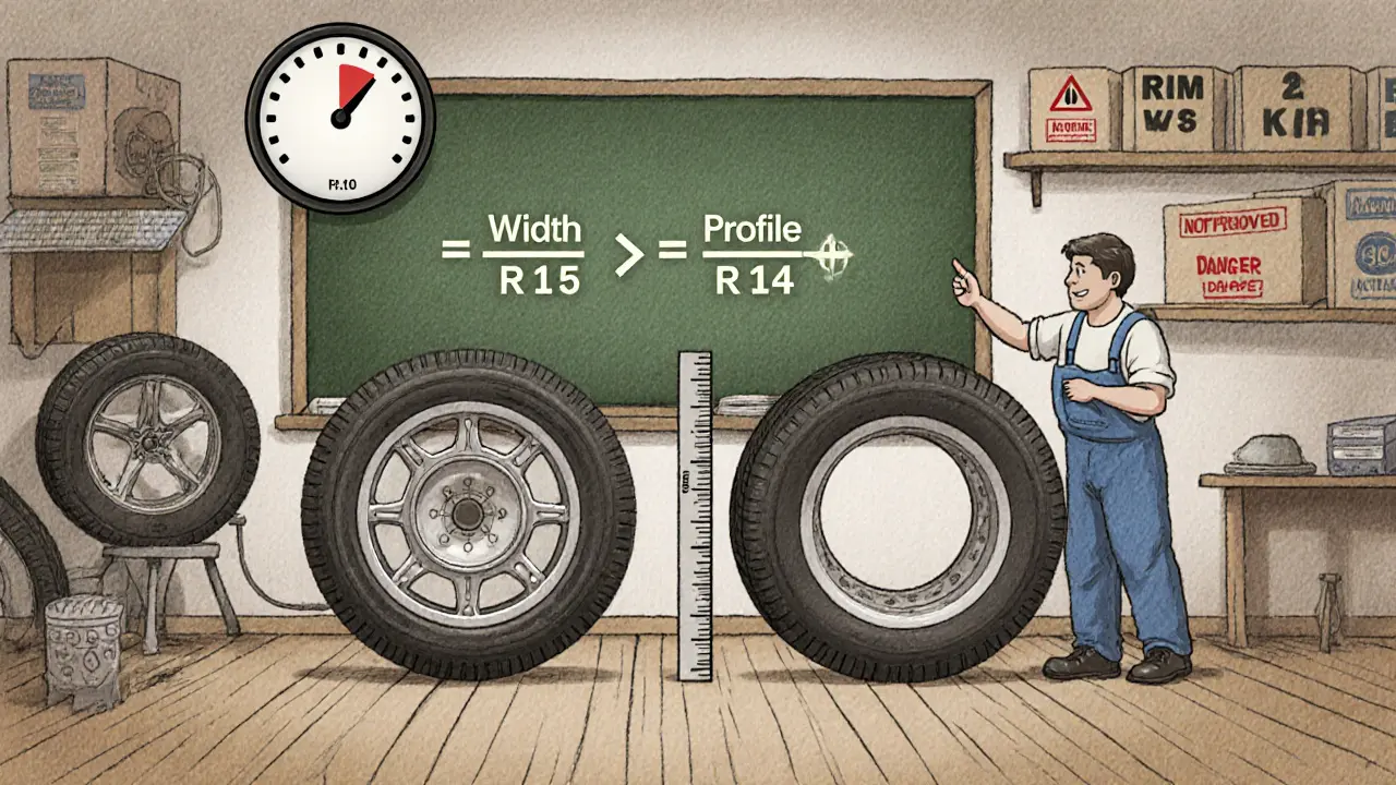 Механик объясняет формулу расчета диаметра колеса на доске, рядом — сравнение шин R15 и R16.