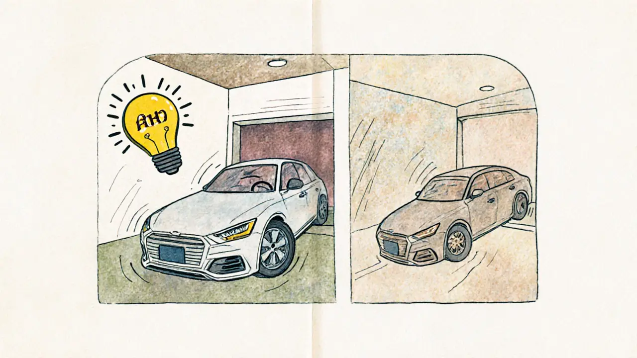 Водитель заезжает под углом в гараж, показано плавное движение машины с визуальными линиями и светящейся мыслью.