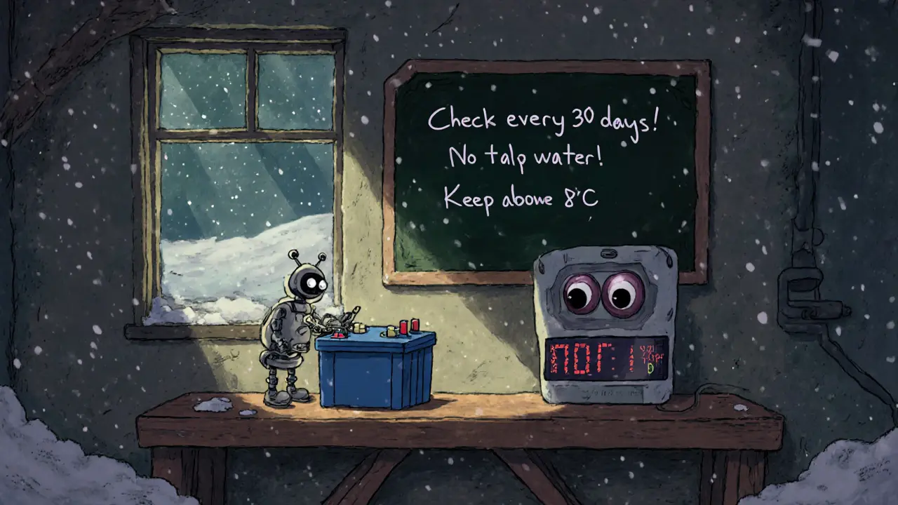 Аккумулятор хранится на деревянной полке в теплом подвале с цифровыми датчиками и маленьким роботом-помощником.