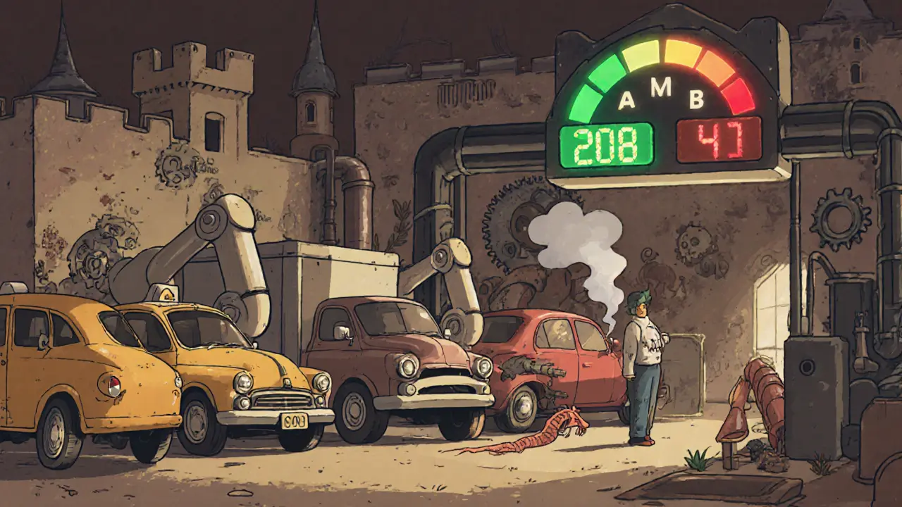 Автомобиль 2018 года на станции техосмотра с красным сигналом по выхлопу и отсутствующим катализатором.