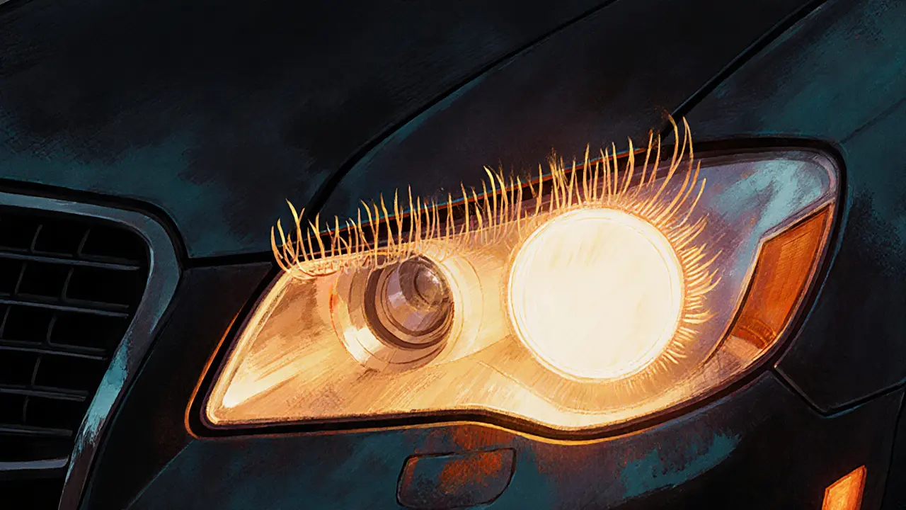 Ближний план фары с тонкими ресничками, мягко светящимися изнутри, на фоне уютной городской обстановки.