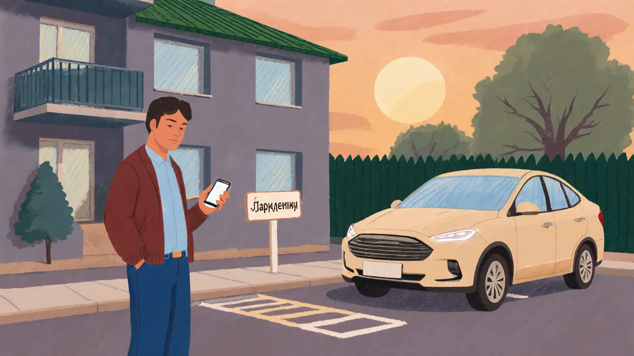 Человек открывает парковочное место по приложению, другая машина заезжает на освободившееся место.