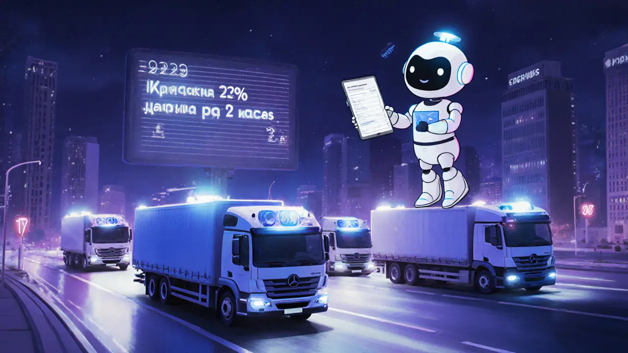 Грузовик с телематическим устройством получает мгновенную выплату от дружелюбного ИИ-робота в ночном городе.