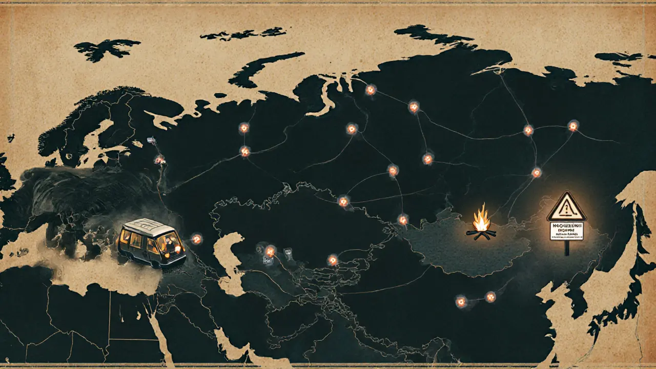 Карта России с редкими кемпингами и пустыми районами, семья теряется в лесу без связи.
