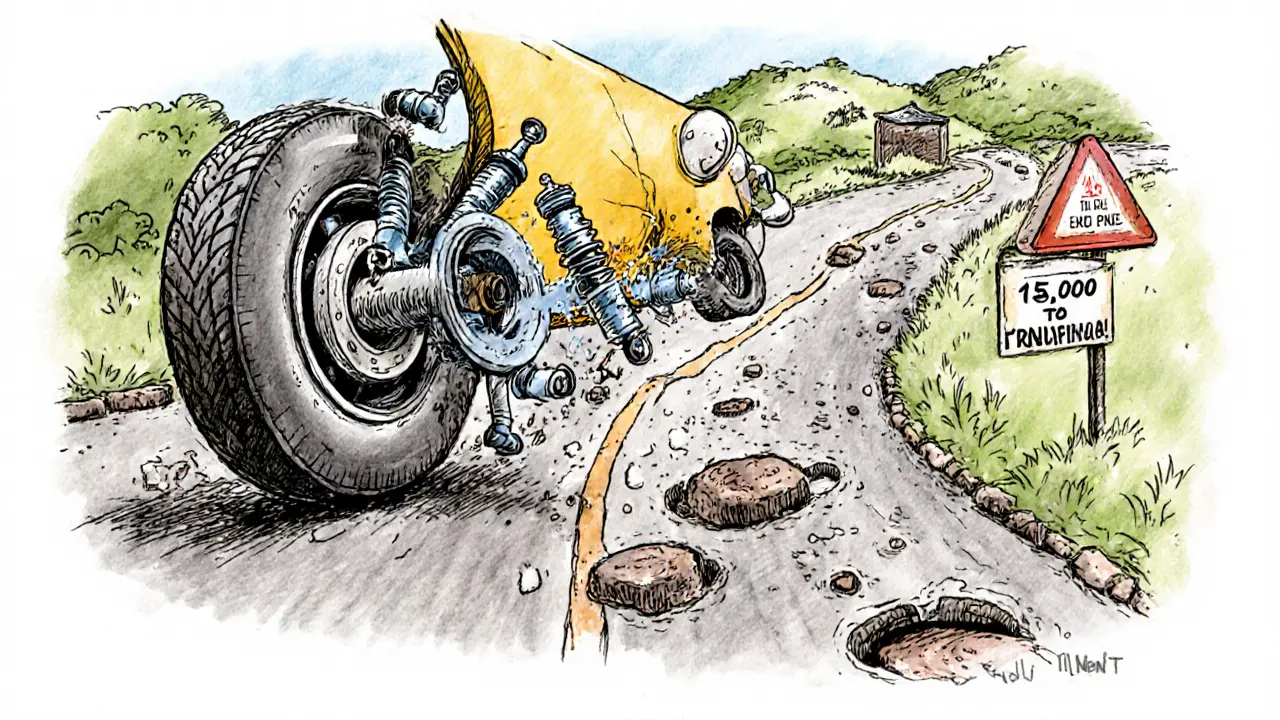 Машина на дороге с перегруженным подшипником, который гудит, как чайник, и трескающиеся элементы подвески.