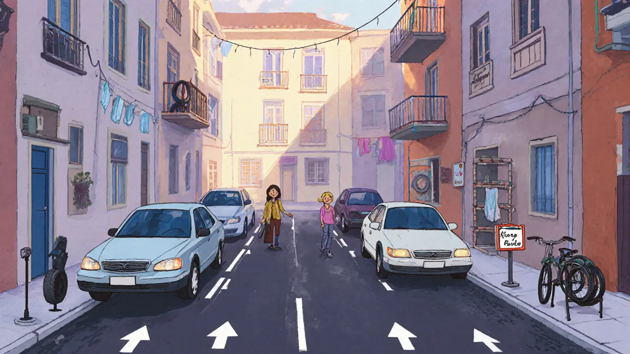 Машины стоят под углом 45 градусов, на асфальте видны разметка и стрелки, рядом велосипедная стойка.