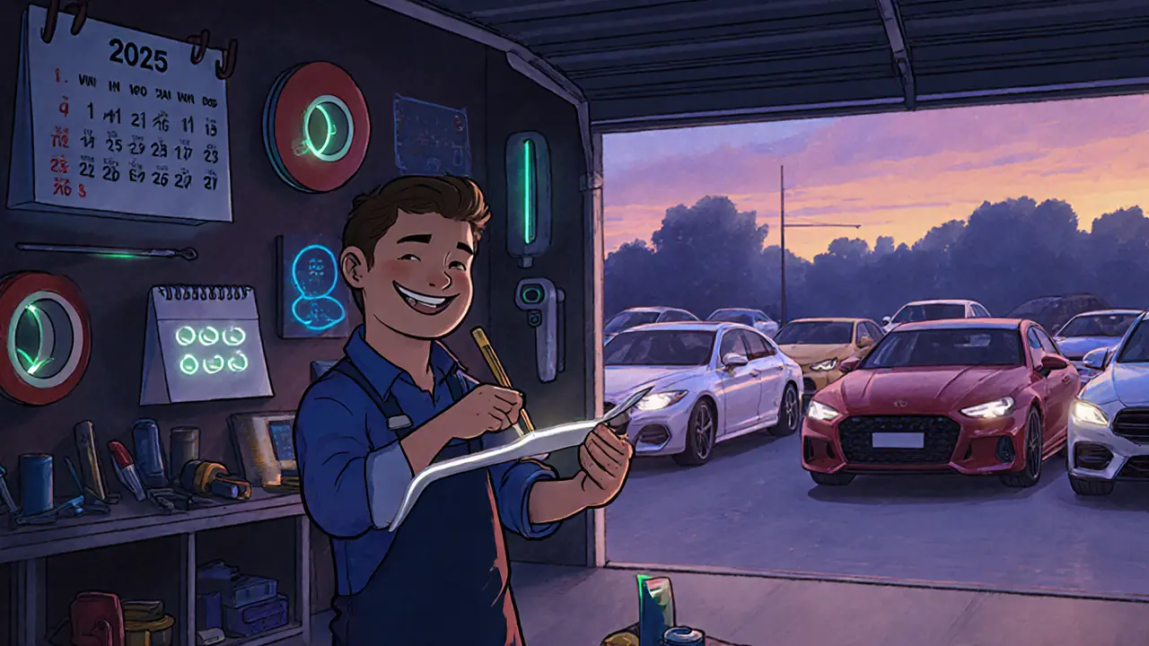 Мастер в гараже аккуратно наносит индивидуальный молдинг, вокруг — инструменты и светящиеся элементы стайлинга.