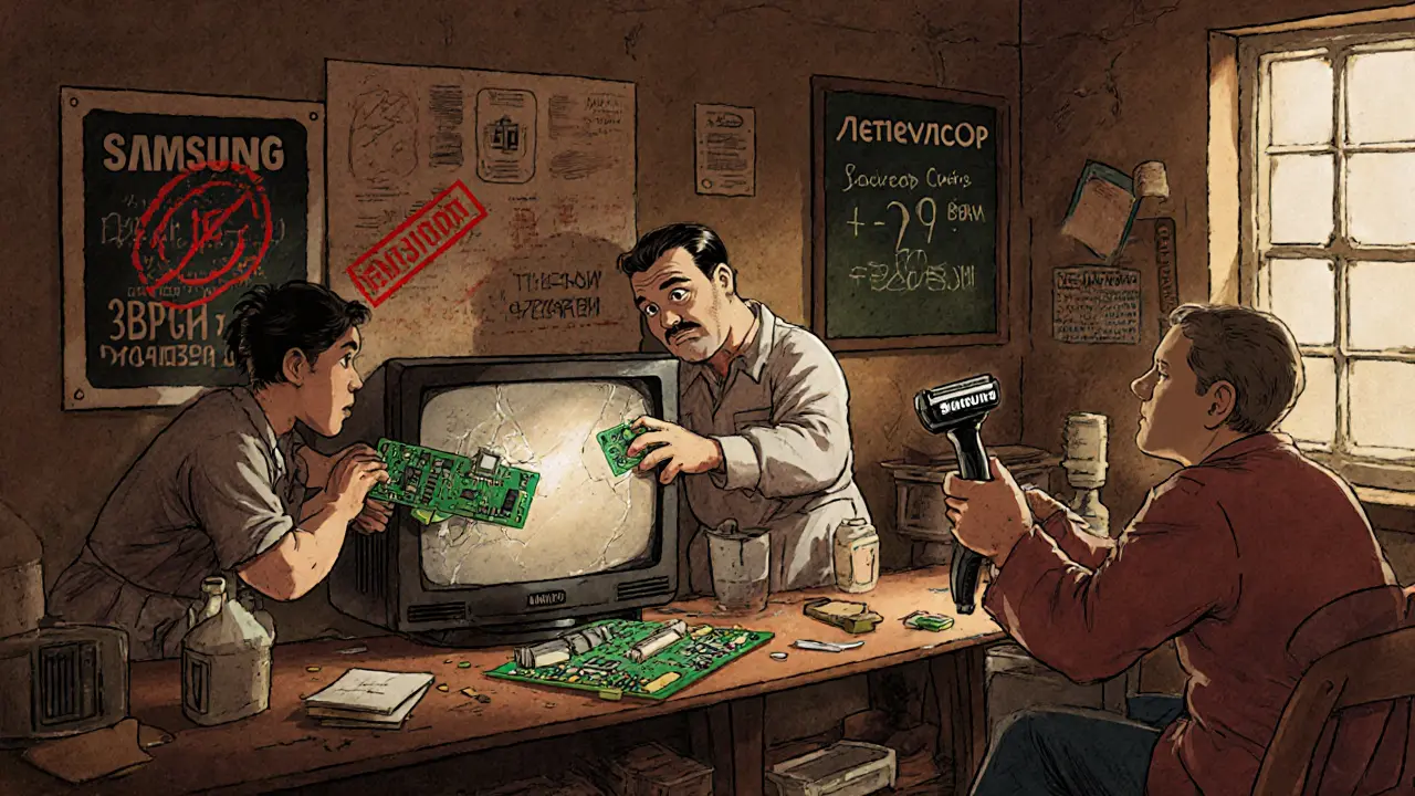 Мастерская с ремонтом сломанного телевизора Samsung и китайскими запчастями, на стене — табло с ростом цен.