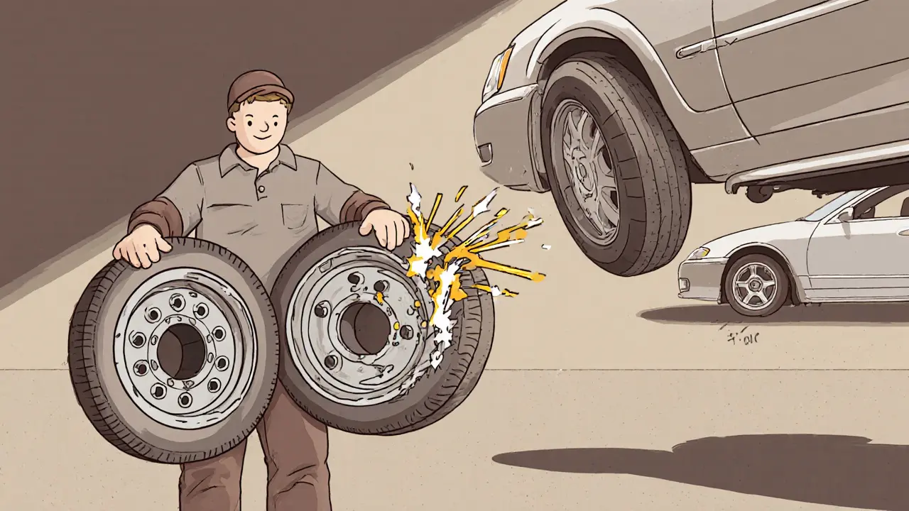 Механик держит два колеса: одно с проставкой, которая трескается, а другое колесо отлетает от машины.