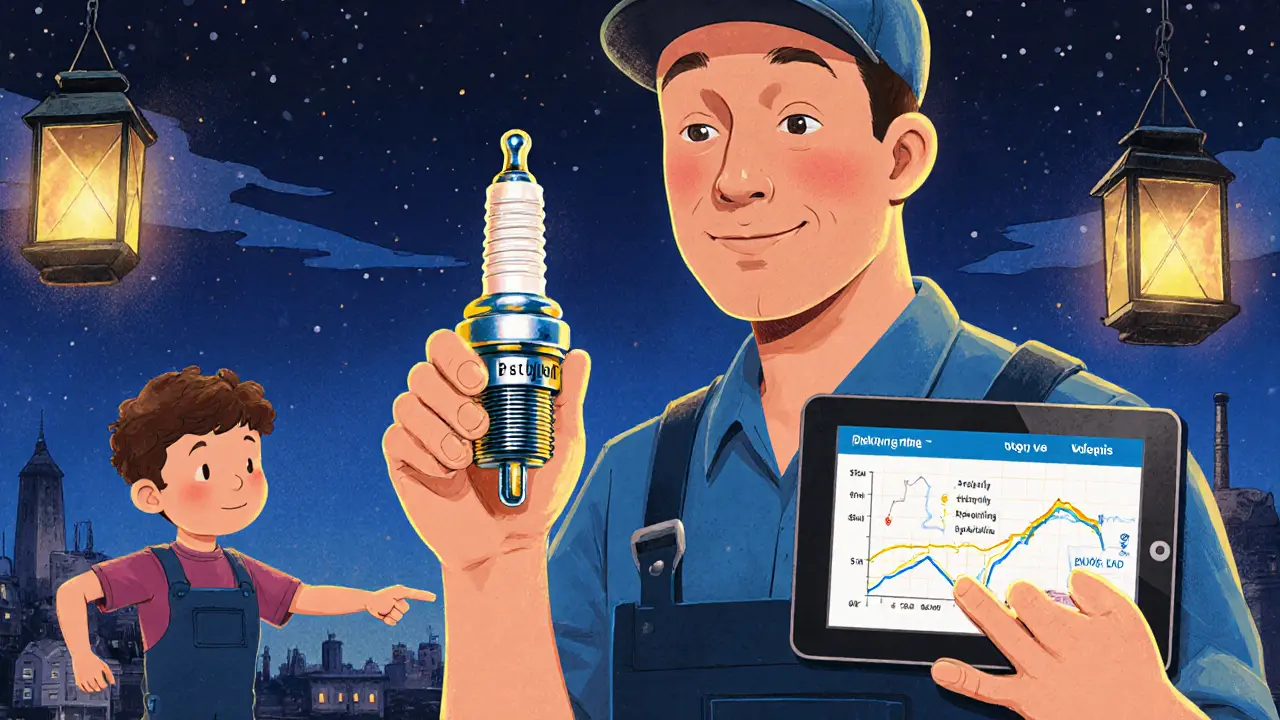 Механик держит поддельную свечу зажигания рядом с настоящей, на заднем плане — блокчейн-трекинг.