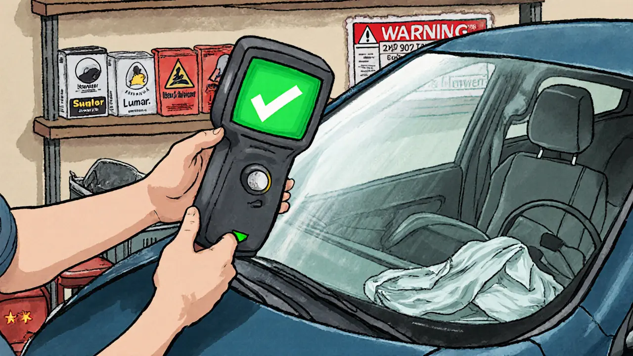 Механик измеряет светопропускание лобового стекла с помощью тауметра при идеальных условиях, на фоне сертифицированных плёнок.