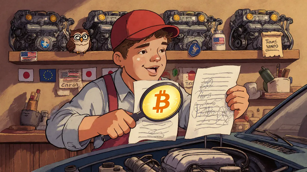 Механик проверяет документы на двигатель, рядом — полки с запчастями из Японии и Европы, сова с очками наблюдает.