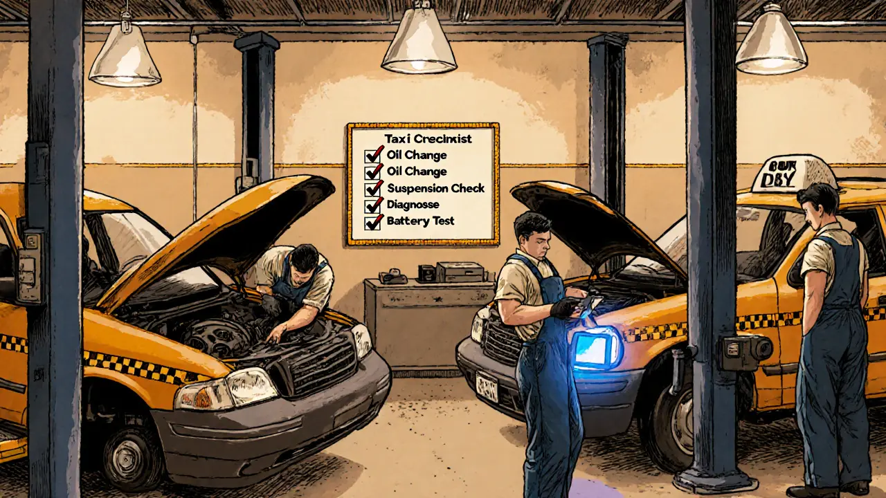 Механики в автосервисе меняют тормоза и масла у нескольких такси, на стене — чек-лист техобслуживания.