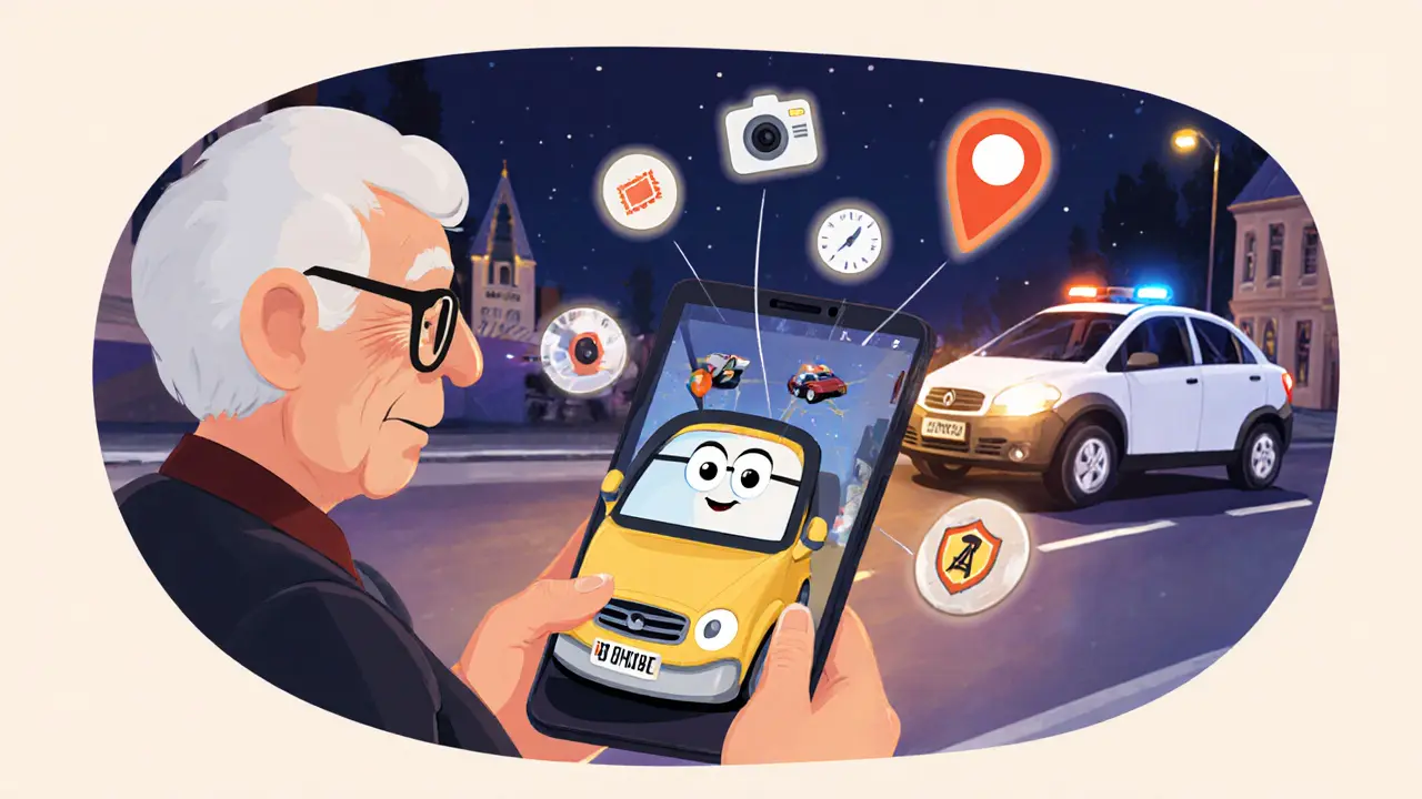 Пожилой водитель получает помощь от цифрового помощника в оформлении ДТП через приложение.