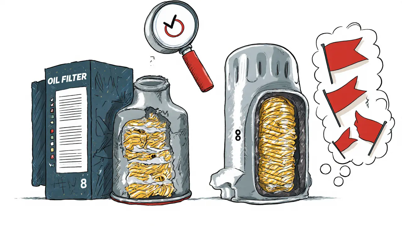 Разрезанные масляные фильтры: у оригинала 18 складок, у подделки — 6, с ошибками в тексте на упаковке.