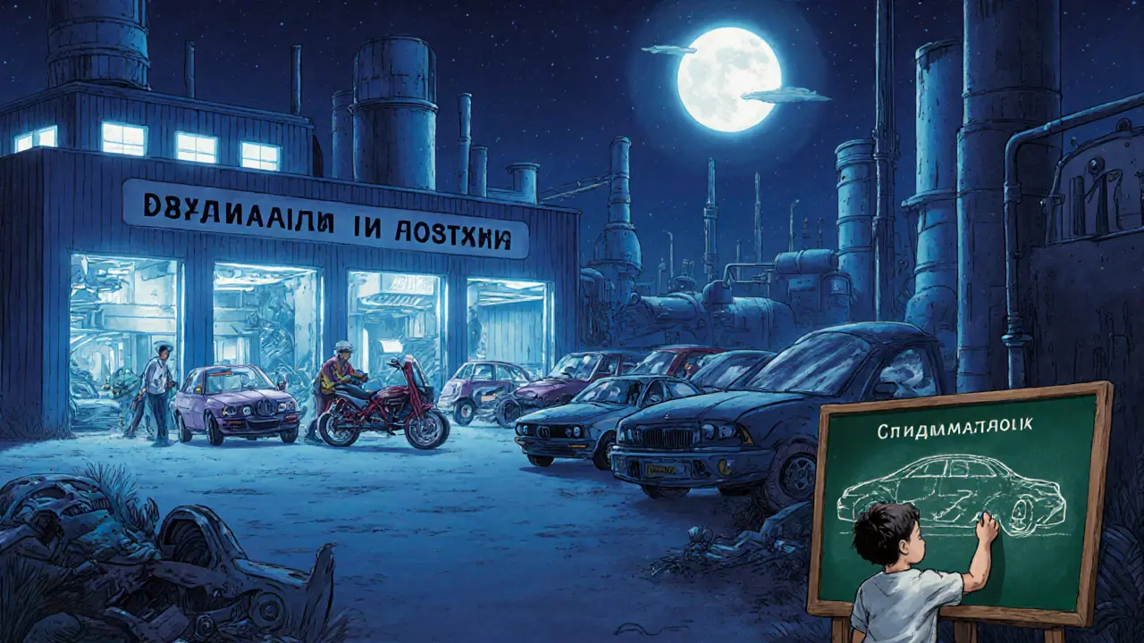 Российский завод с местным производством автомобилей, на заднем плане — утилизация премиальных мотоциклов и автомобилей.