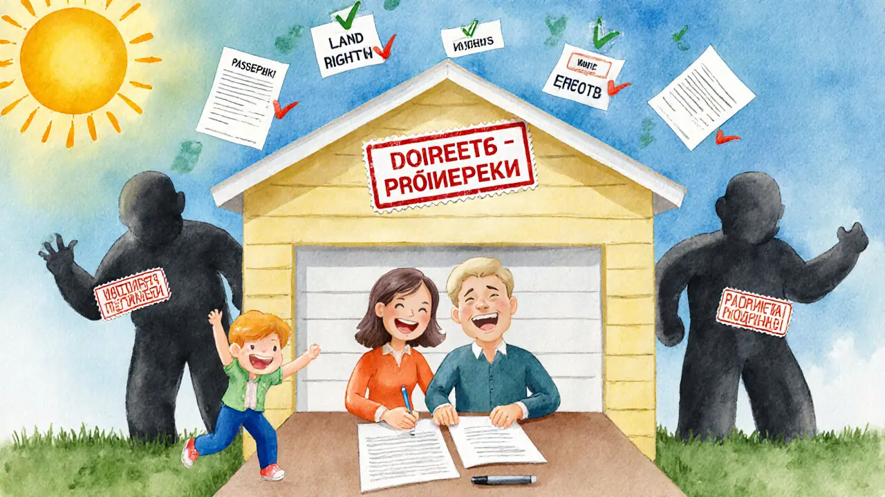 Семья радостно оформляет гараж, а мошенники убегают под печатью Росреестра.