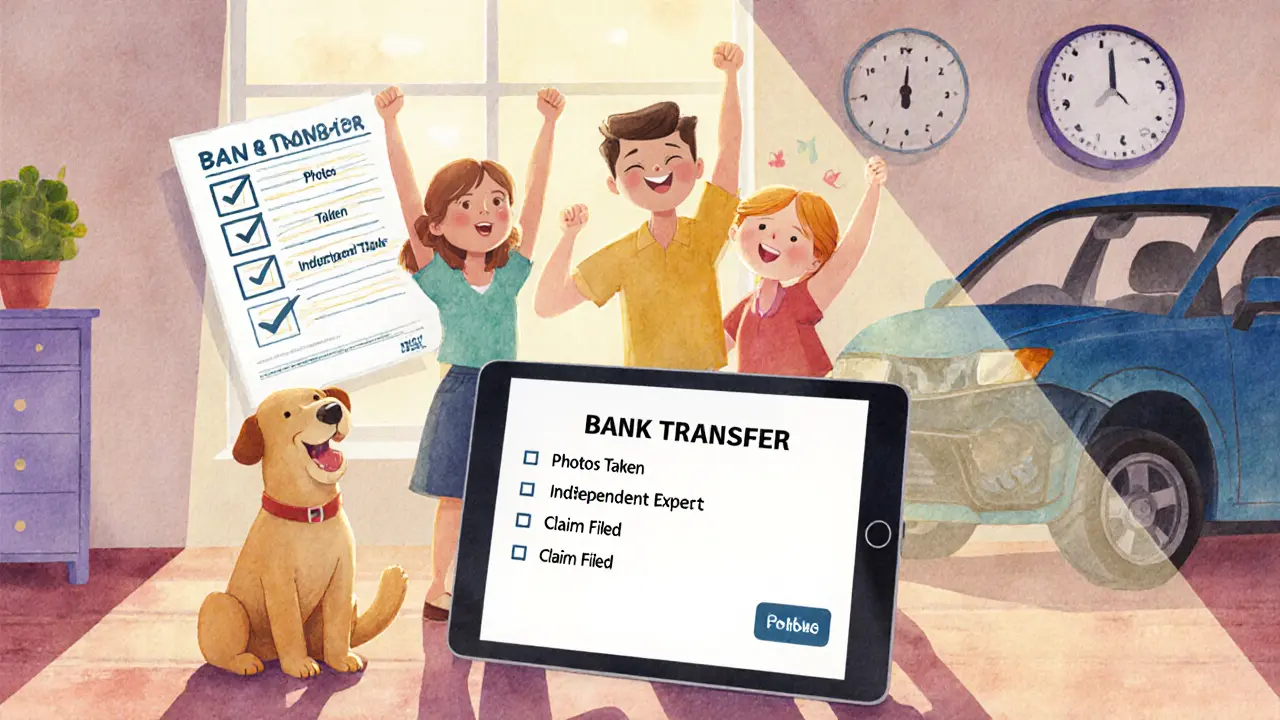 Семья радуется получению выплаты по ОСАГО, машина ремонтируется на заднем плане.