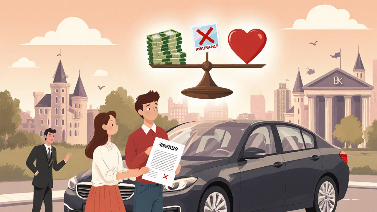 Семья стоит у машины, над ними весы с деньгами и фото семьи.