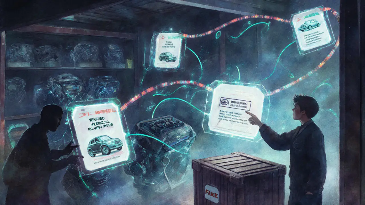 Склад 2025 года с голографическими цепочками подлинности, покупатель проверяет историю двигателя, а мошенник пытается подделать ярлык.
