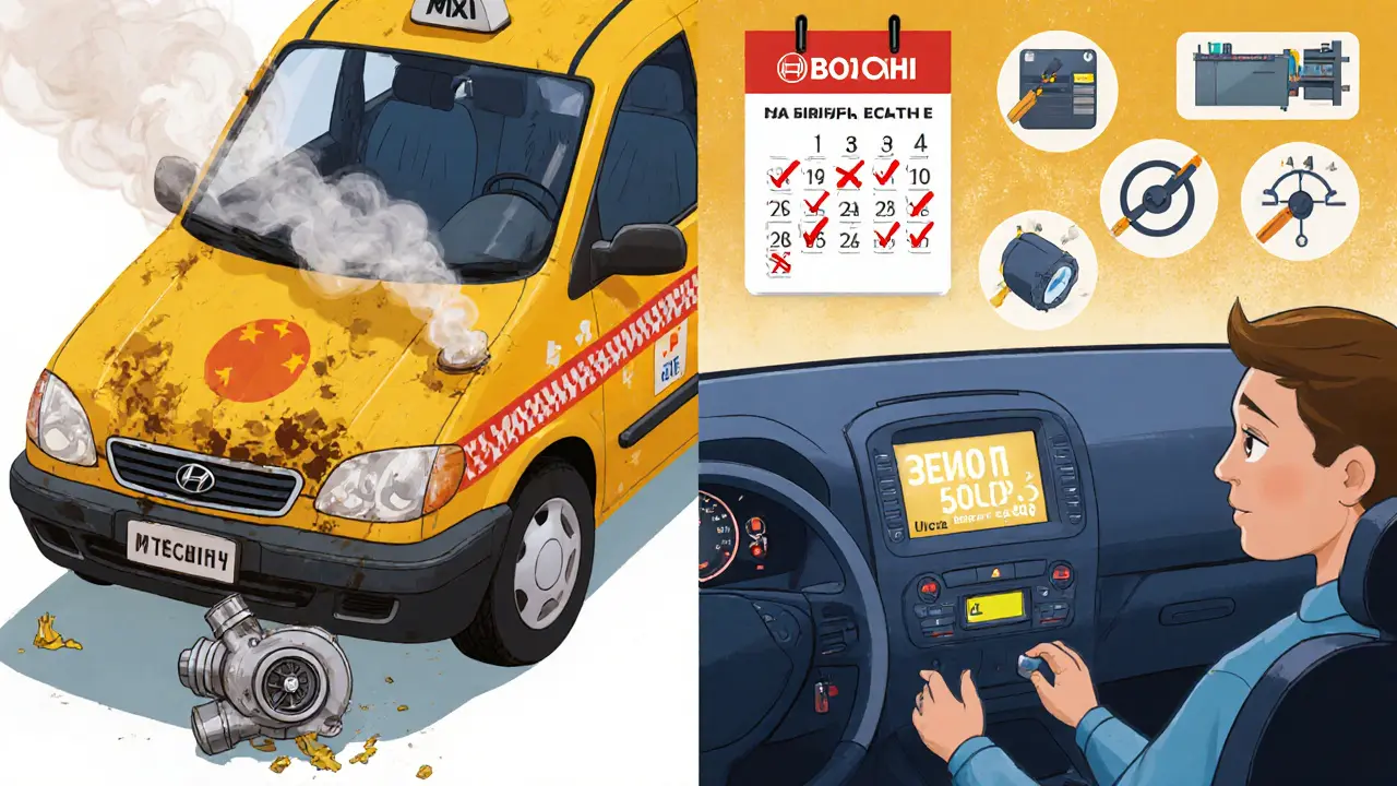 Сравнение: сломанный китайский такси и надёжный Hyundai Solaris с графиком ТО и цифровым напоминанием.