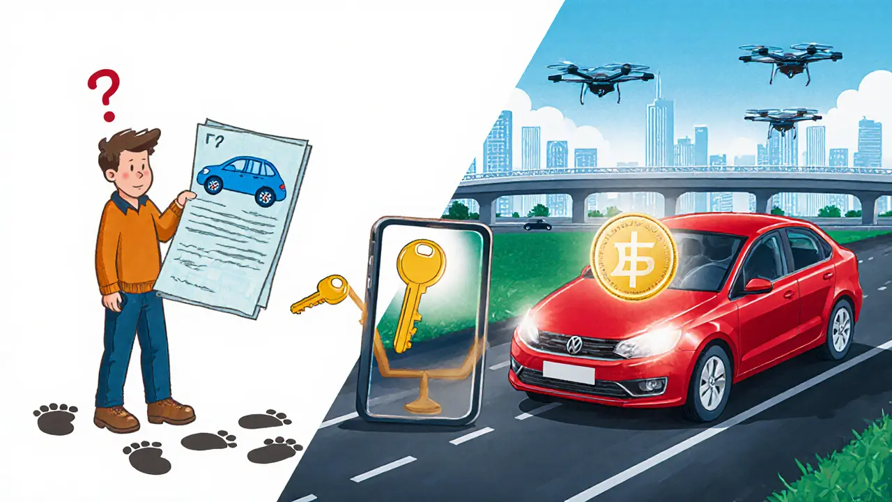 Сравнение старого ПТС с синим автомобилем и нового электронного документа с красной машиной, ключ символизирует легализацию.