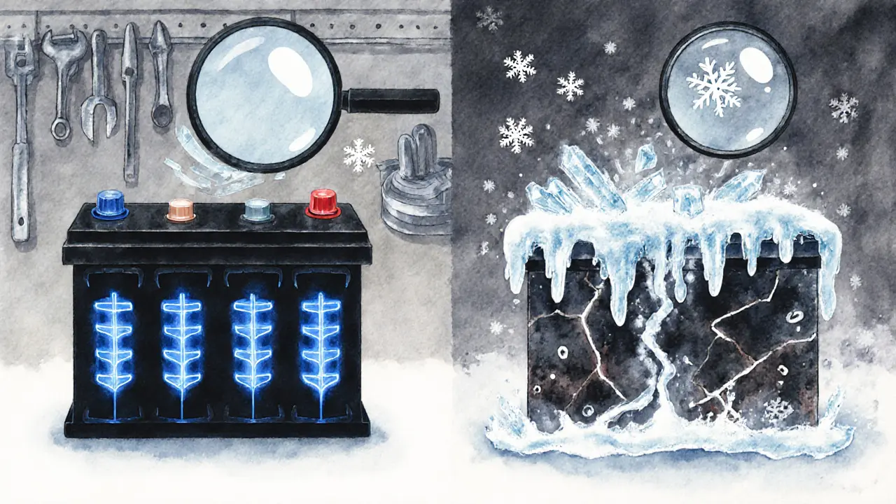 Сравнение здорового и замерзшего аккумулятора с детализированными текстурами кристаллов льда и коррозии.