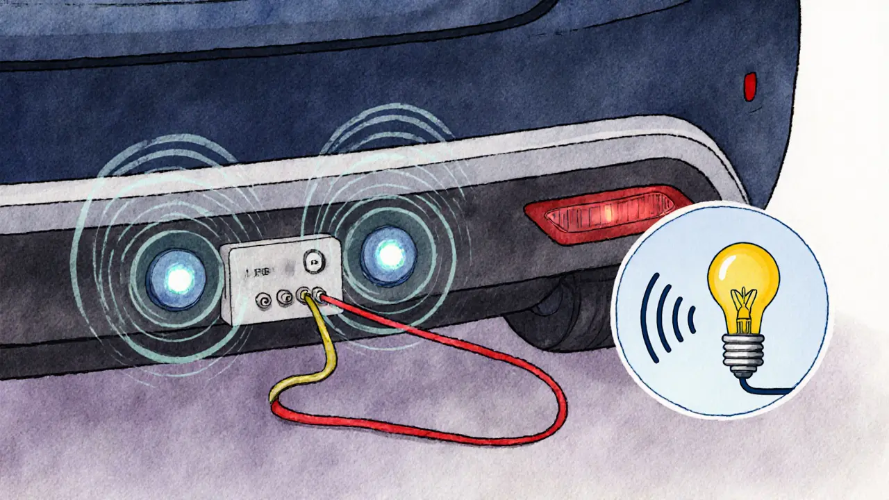 Ультразвуковые датчики на бампере автомобиля излучают невидимые волны, направленные на стену на расстоянии 1,5 метра.