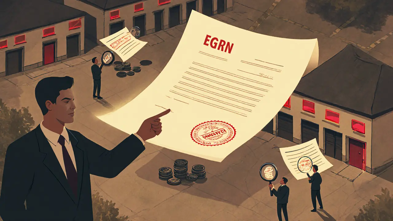 Юрист показывает на выписку ЕГРН, раскрывающую скрытые проблемы гаражного кооператива.