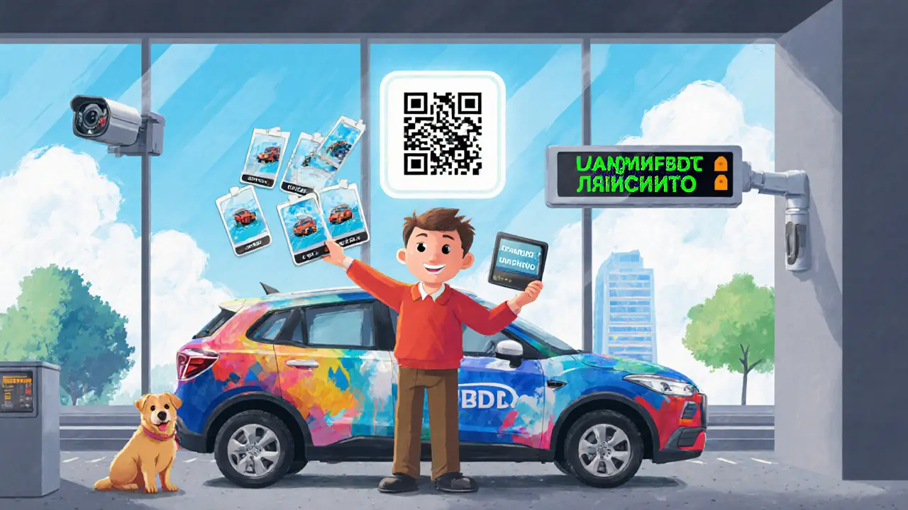 Владелец в ГИБДД подаёт фото автомобиля, над ним светится QR-код, на экране — подтверждение принятия заявления.