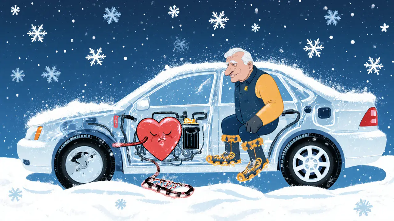 Внутренние системы автомобиля изображены как живое существо: двигатель — сердце, аккумулятор — старик, шины — снежные ботинки.
