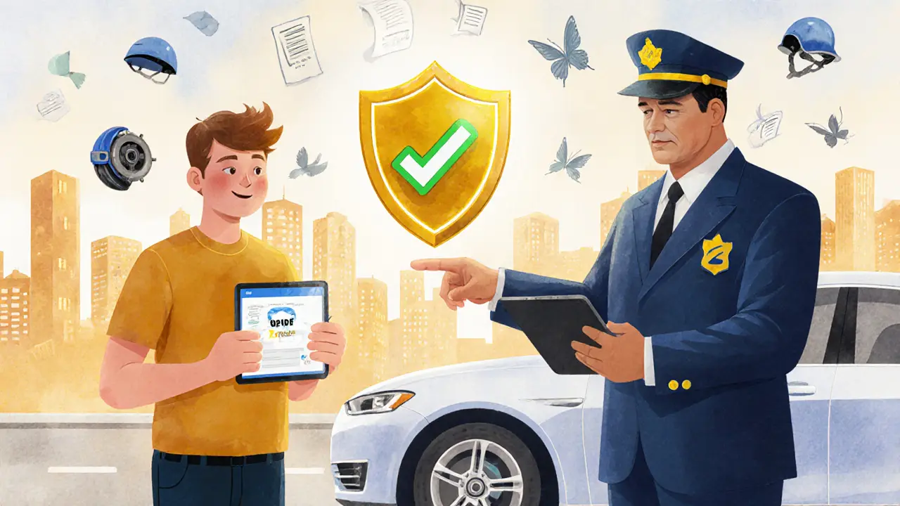 Водитель показывает цифровую карту инспектору ГИБДД, над машиной светится золотой щит безопасности.