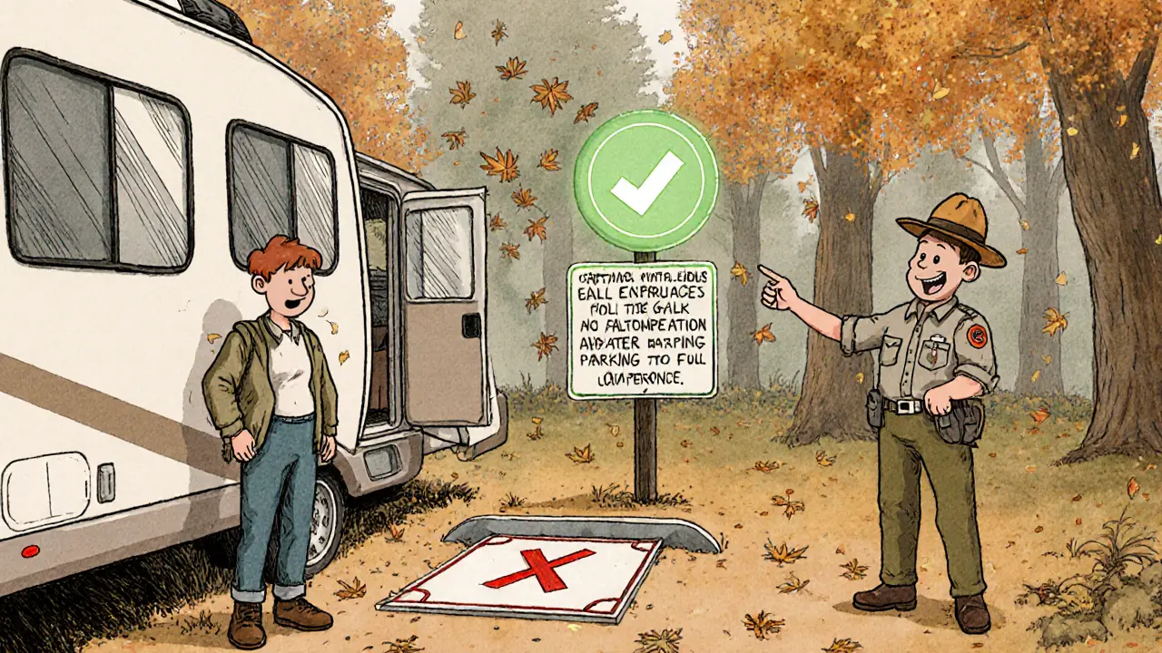 Водитель с большим автодомом стоит у маленькой парковки, а инспектор указывает на подходящее место.