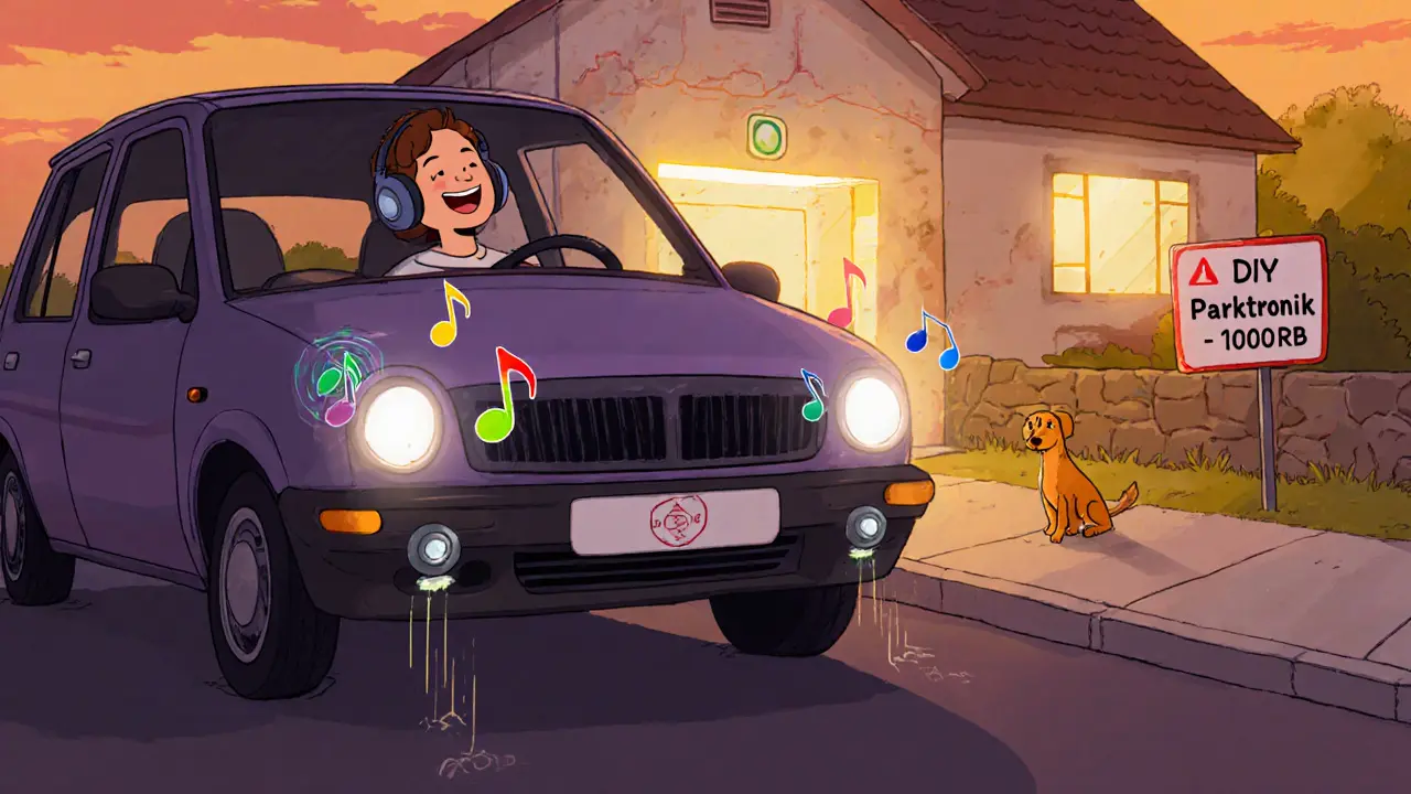 Водитель в машине с наушниками, датчики на бампере подают звуковые сигналы, а стена находится в 30 см, на фоне заката.