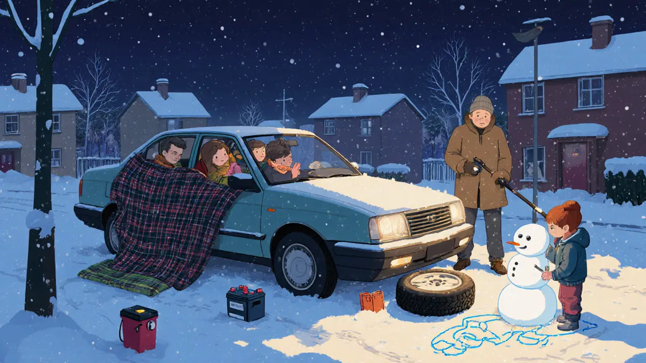 Застрявший автомобиль в снегу, семья в тепле, соседи помогают — все вокруг сияет теплом и заботой.