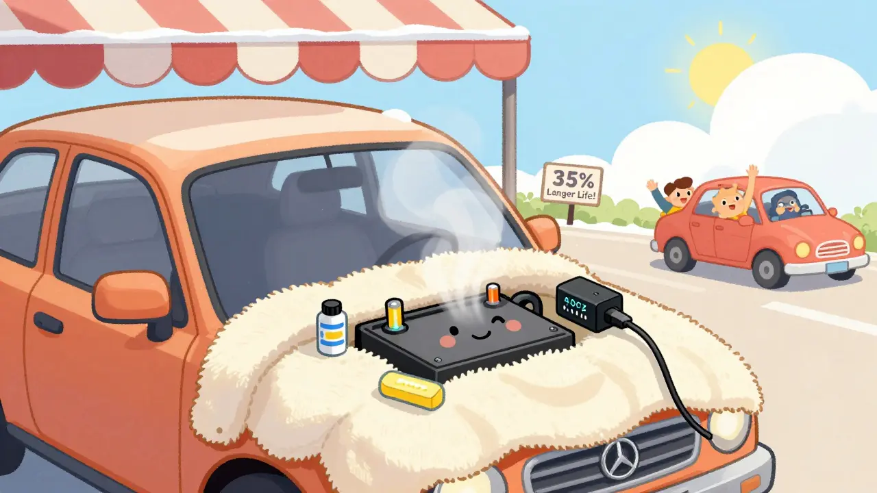 Аккумулятор в одеяле под снегом, с зарядкой и чистыми клеммами, в тёплой сказочной сцене.