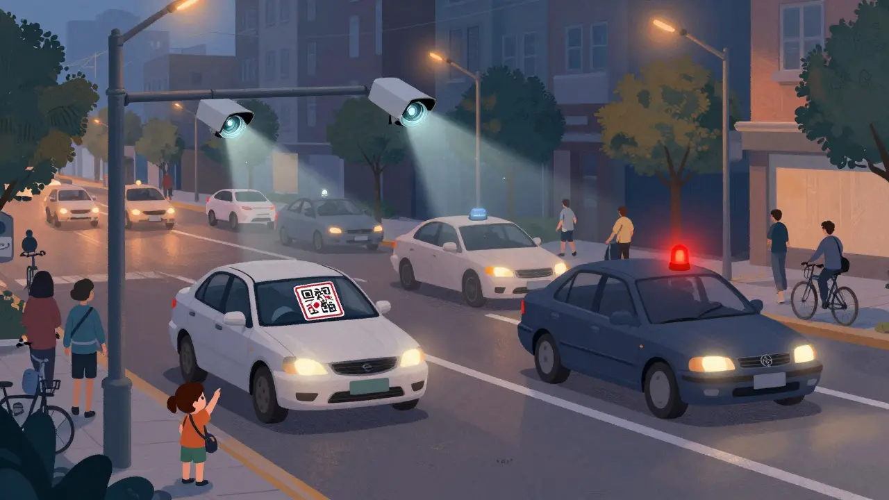 Автоматические камеры на дороге проверяют тонировку: одна машина проходит, другая вызывает тревогу.