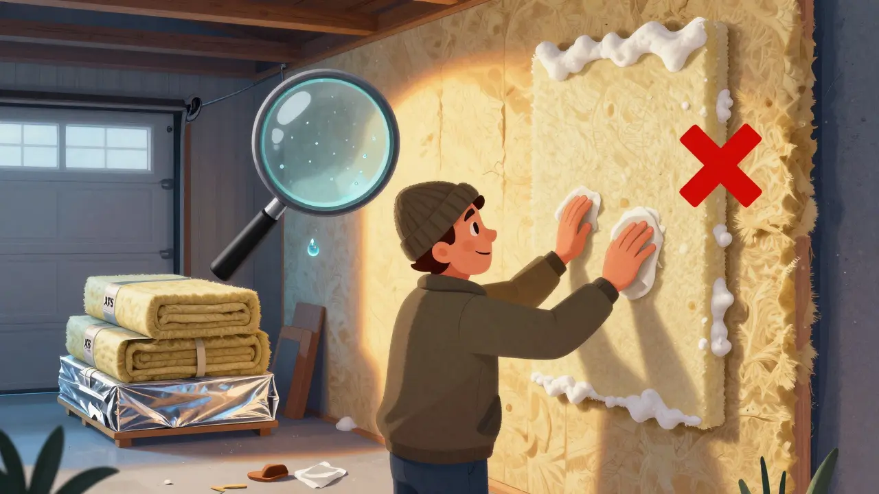 Человек утепляет стены гаража пенополистиролом, рядом лежат материалы, а на стене — предупреждение о неподходящем утеплителе.