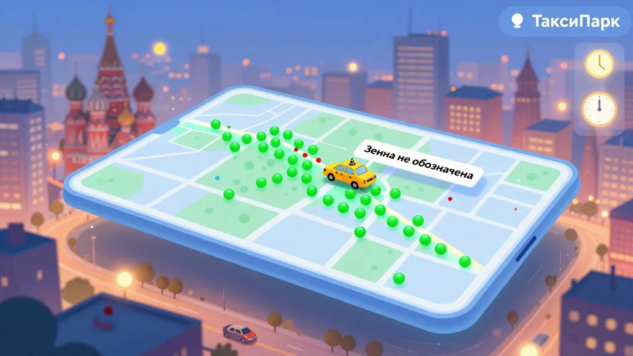 Цифровая карта с выделенными зонами для такси: зелёные точки в Москве, редкие в Екатеринбурге.