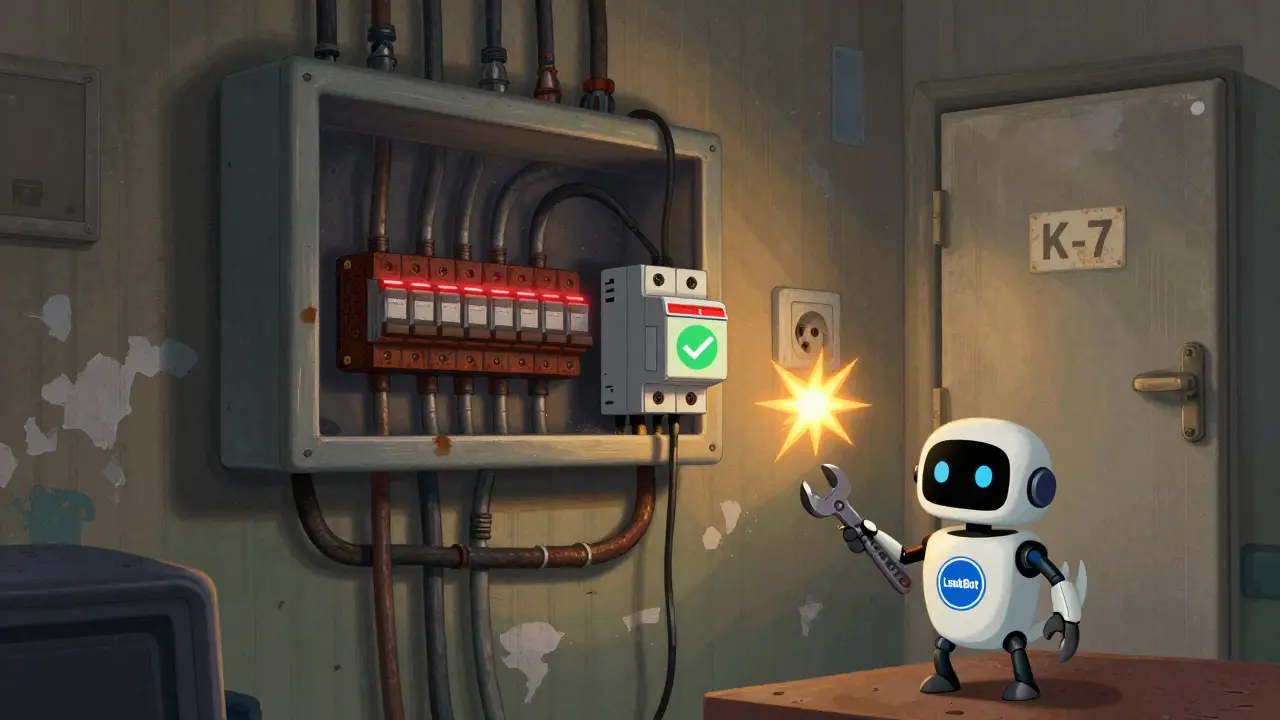 Электрощиток с старыми пробками и современным автоматом, рядом — искра и робот-датчик.