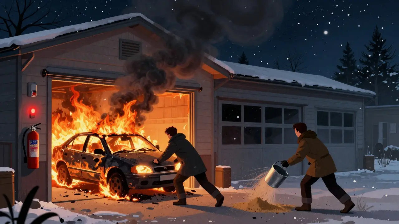 Гараж горит, мужчина выталкивает машину, засыпает огонь песком под снегом.