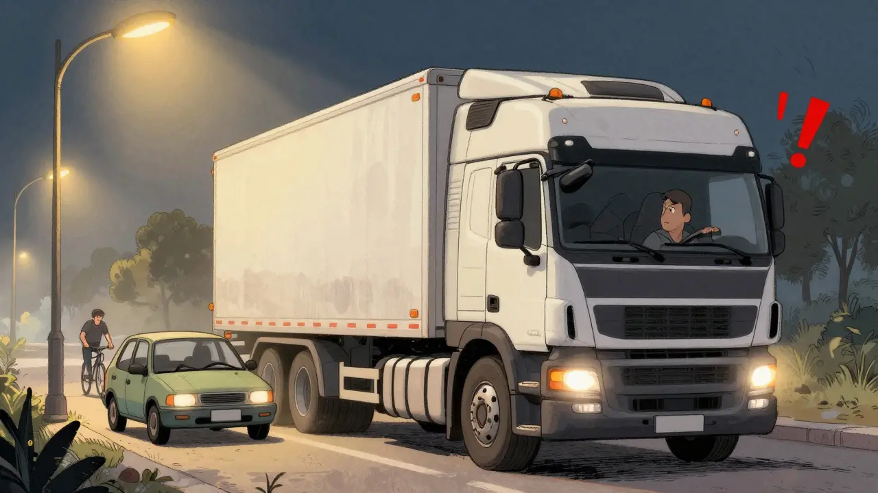 Грузовик с огромными слепыми зонами, рядом — машина и велосипедист, скрытые в тени.