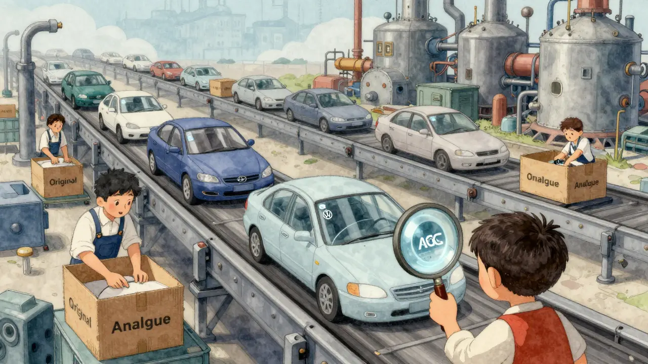 Конвейер с одинаковыми стёклами, упакованными как оригиналы и аналоги — отличие только в наклейках.